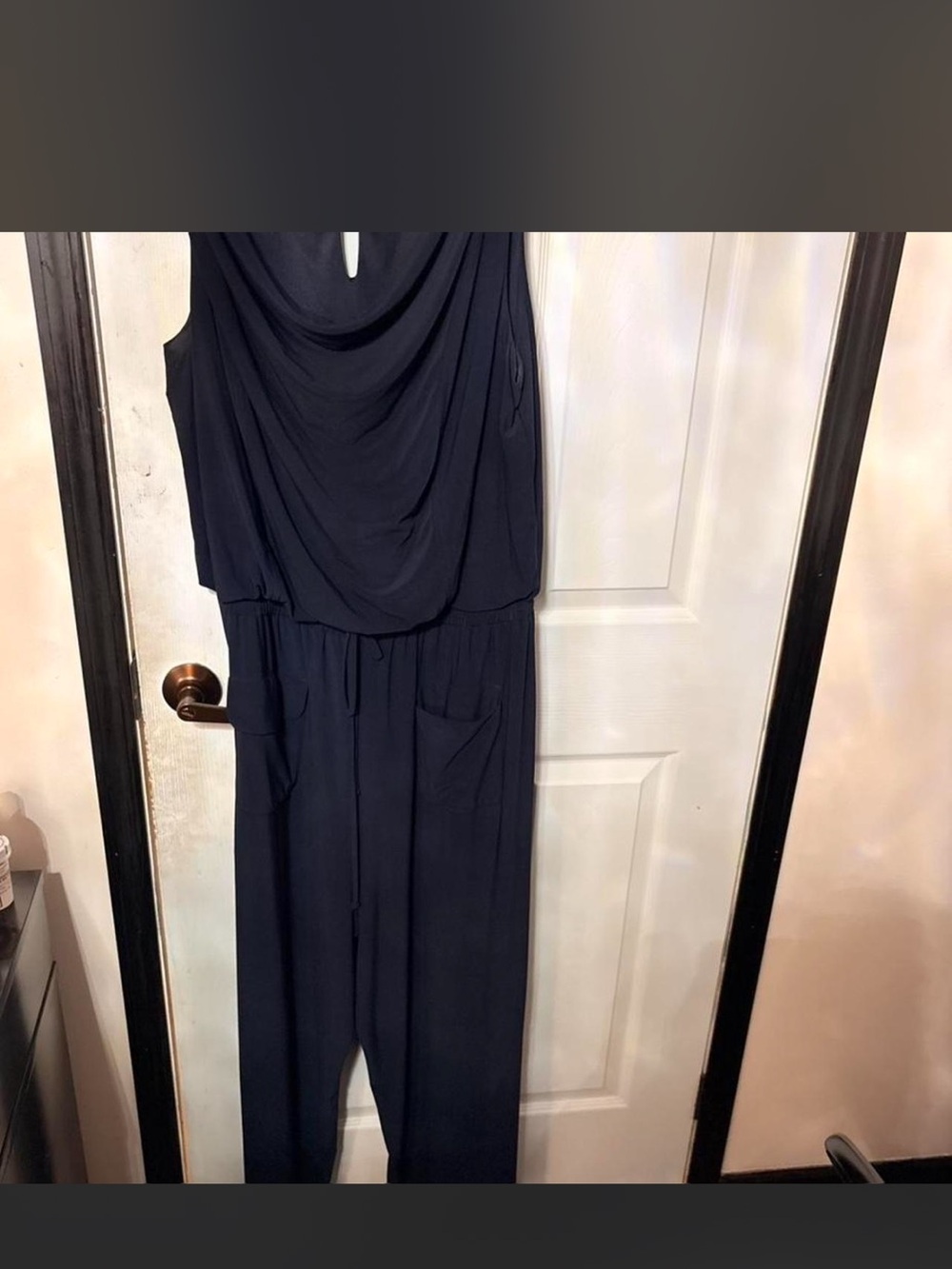 Emma & Michele Navy Cowl-Neck Sleeveless Jumpsuit